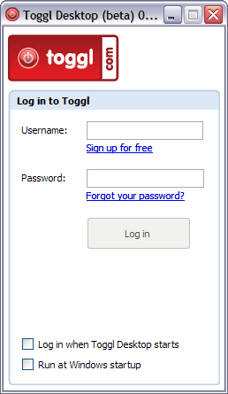 Toggl Desktop login screen